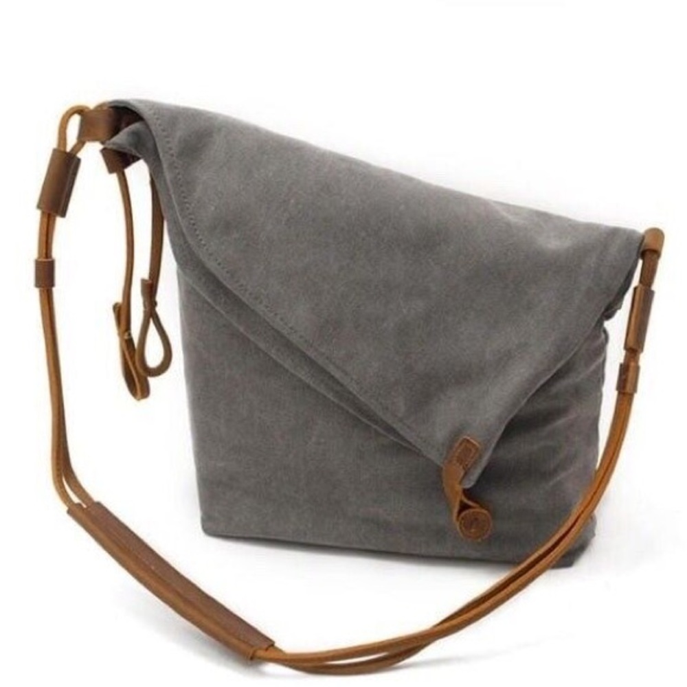 Gray Canvas Tan Leather Crossbody Messenger Bag